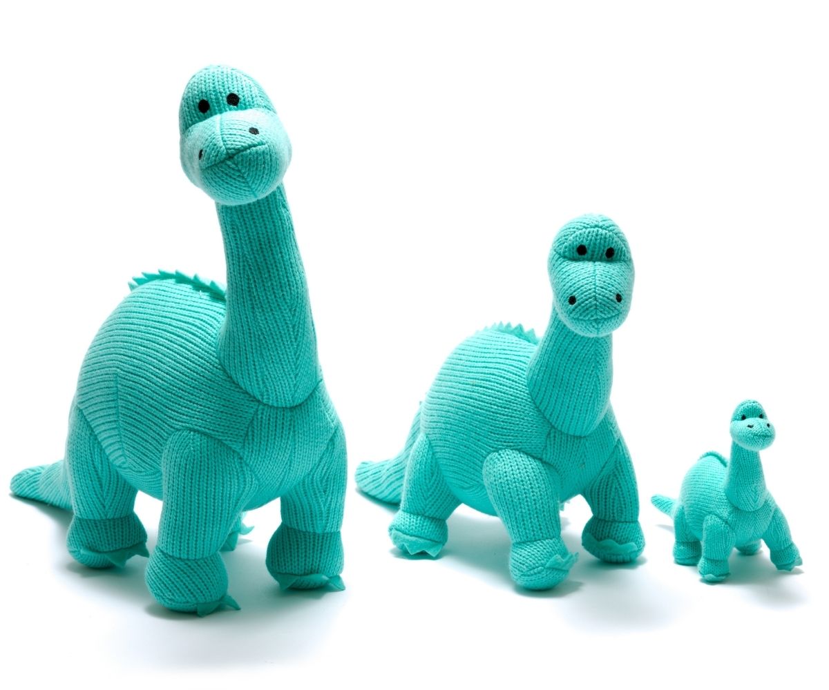 Best Dinosaur Toys. Ice blue diplodocus knitted dinosaur soft toy